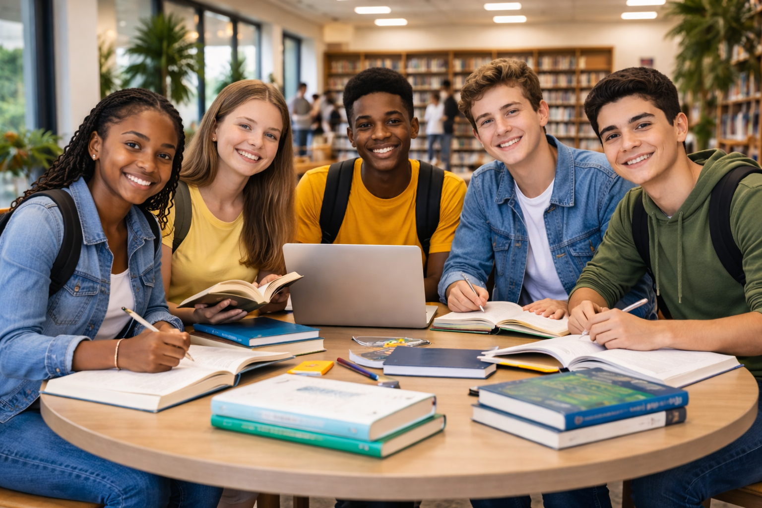 Students studying with books
